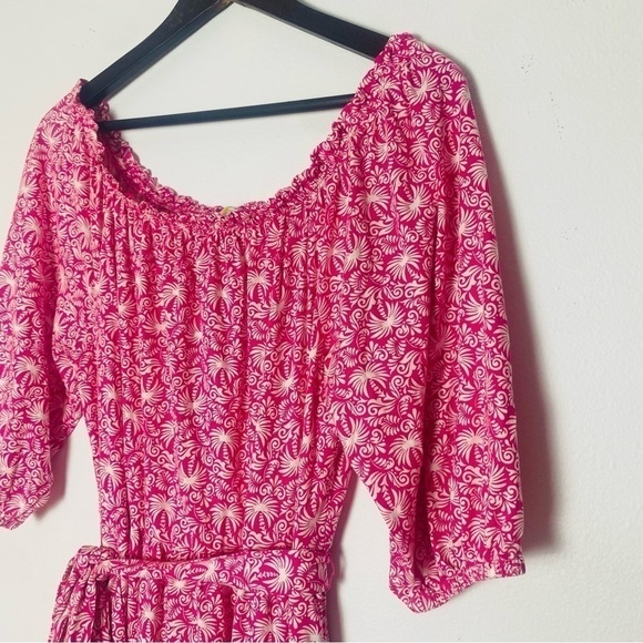 BODEN Womans Romy Pink White Jersey Midi Dress Palm Print Ruffle Trim 12 R - Picture 6 of 14